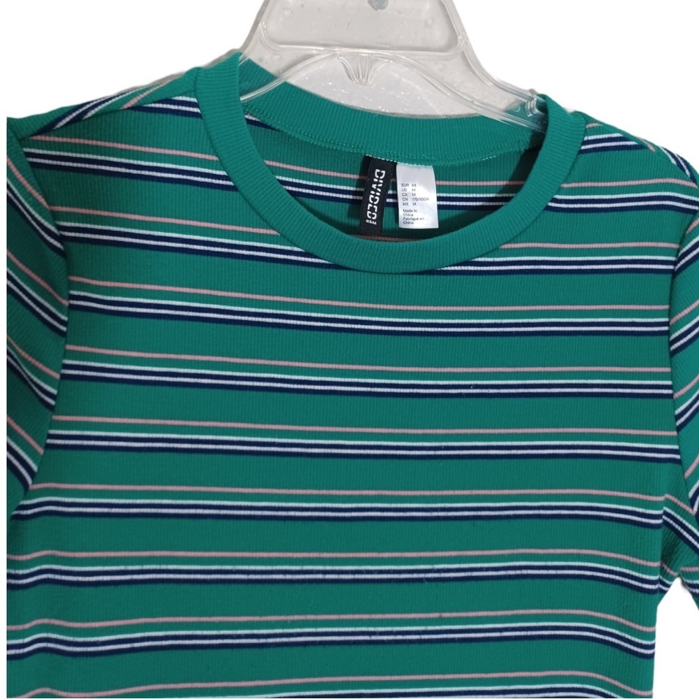 H & M divided  short sleeve tee shirt dress green strips size 14 - Picture 2 of 5